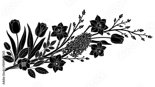 Elegant Floral Design in Silhouette: A delicate arrangement of tulips and daffodils captured in graceful silhouette against a neutral backdrop. A perfect image for creative design and floral concepts.