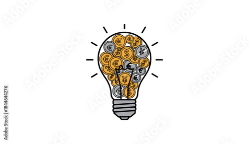 Illustration of a light bulb icon filled with international currency coins (Euro, Dollar, Yen/Yuan, Pound Sterling)
