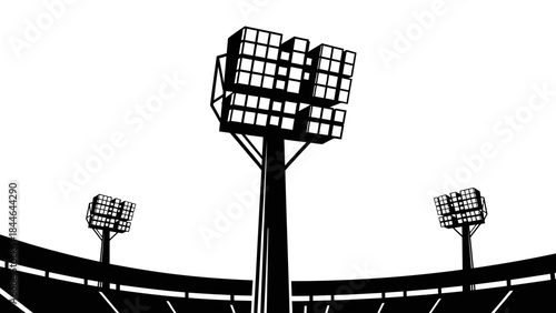 Stadium Lights in Silhouette: Dramatic black and white illustration of stadium lights casting a powerful glow over a sports arena, capturing a sense of anticipation and the thrill of the game.