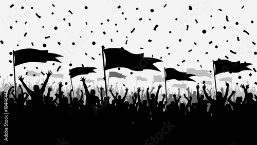 Celebration Silhouette: A jubilant crowd of people raising their arms in celebration, banners waving high, confetti raining down, all silhouetted against a stark backdrop.
