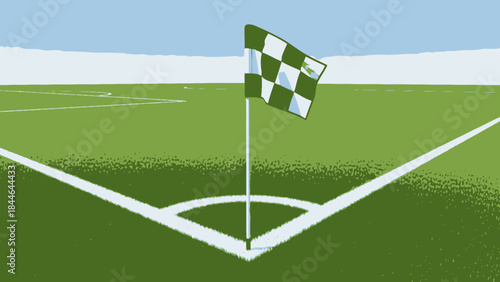 Corner Flag and Soccer Field: A visual representation of a corner kick with a checkered flag waving proudly, set against the backdrop of a verdant soccer pitch and an expansive sky.