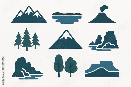 Chilean Landscape Icon Set Vector Illustration with Mountains, Lakes and Coastal Elements