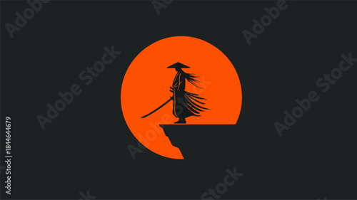 Samurai Silhouette Against Red Sun