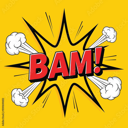 Comic book style explosion illustration featuring bold red BAM lettering with yellow starburst and dynamic smoke on white background