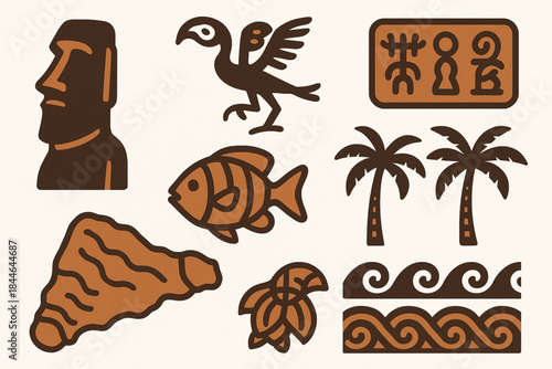 Rapa Nui Culture Icon Set Vector Illustration with Moai Statues and Polynesian Symbols