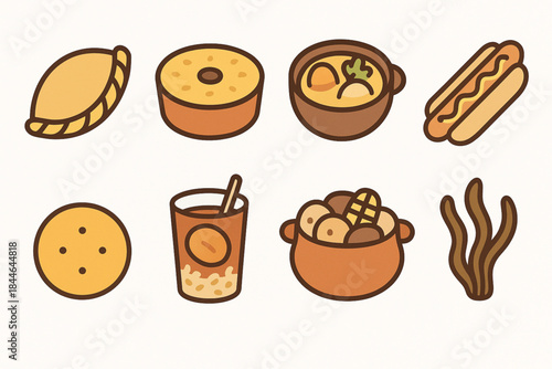 Chilean Traditional Food Icon Set Vector Illustration with Empanada, Pastel de Choclo and Local Dishes