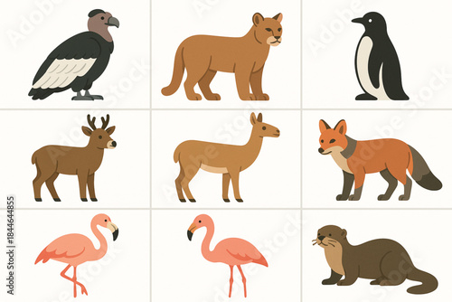 Chilean Wildlife Icon Grid Vector Illustration with Native Animals and Birds