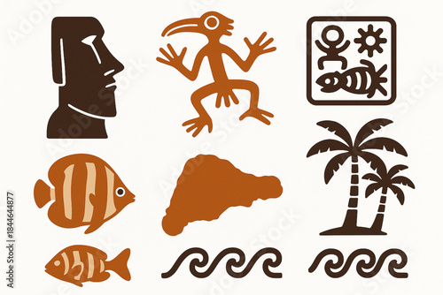Rapa Nui Culture Icon Set Vector Illustration with Moai Statues and Polynesian Symbols