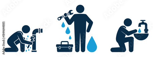 Plumber Assistance Icon professional vector symbol showing man with wrench near faucet sink and pipe with water drops representing plumbing maintenance repair service and skilled craftsmanship