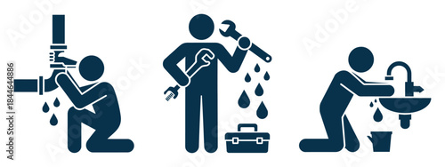 Plumber Assistance Icon professional vector symbol showing man with wrench near faucet sink and pipe with water drops representing plumbing maintenance repair service and skilled craftsmanship