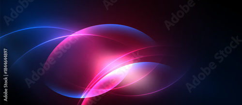 Abstract glowing curves, vibrant pinks, blues dominate dark background. Smooth gradients create dynamic visual effect.