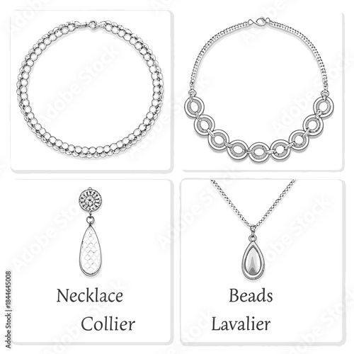 Collection Of Jewelry Illustrations With Labels Keywords: jewelry, necklace, collier, lavalier