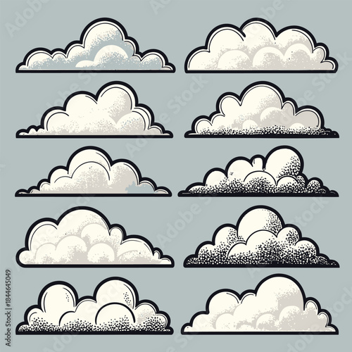 Vintage cloud set with various shapes and shading. Features fluffy, stormy, and stylized sky elements. Hand-drawn vector illustration for weather, nature, and retro designs.