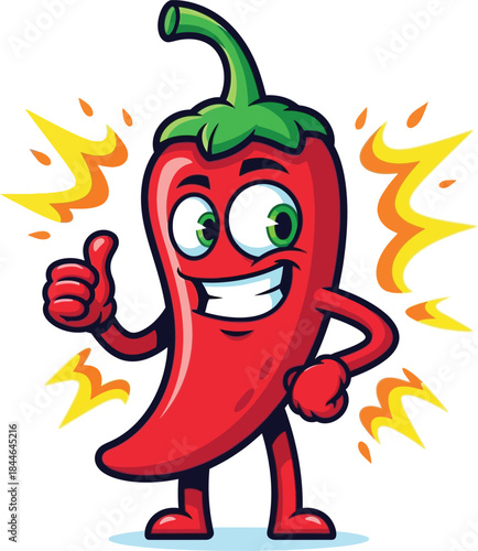 Grinning cartoon chili pepper character illustration with thumbs up and fiery bursts in vibrant flat graphic style