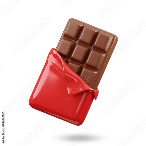 Chocolate bar partially unwrapped in red wrapper on white background, Plastic 3d chocolate.
