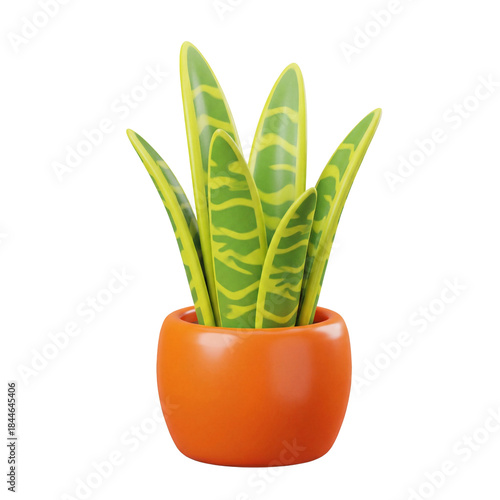 Decorative snake plant in orange ceramic pot isolated on white background, Plastic 3d plant pot.