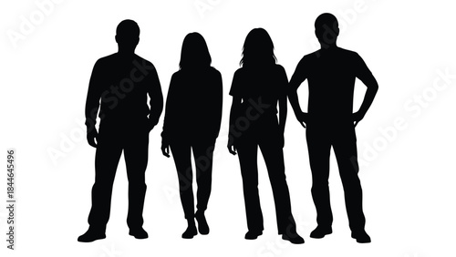 A group of four people standing together depicted in a striking black silhouette