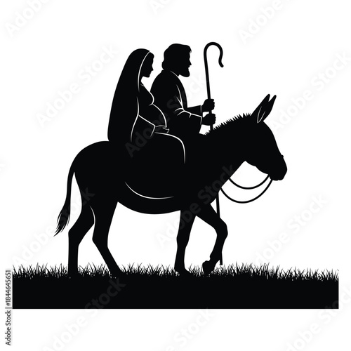 Minimalist nativity silhouette illustration showing holy family journey on donkey in monochrome black and white design