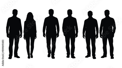 a line of six people standing together in a dark minimalistic silhouette