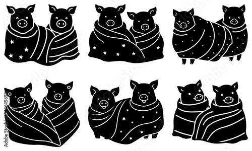 Two Black Pigs Wrapped in Starry Blankets on White Background two pigs wrapped pigs