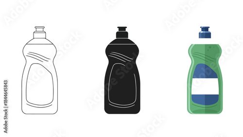 Illustrated dish soap bottles in various colors and styles