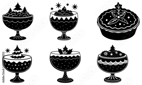 Five black and white decorative bowls with festive fruit and star patterns on white background stars