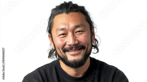 Close up studio portrait of smiling Eskimo man looking at the camera, wearing black t-shirt set against a white background.