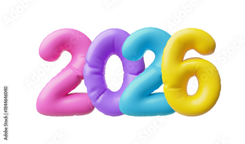 Inflatable, bright numbers 2026 in yellow, blue, purple, and pink, a 3D symbol of the New Year.