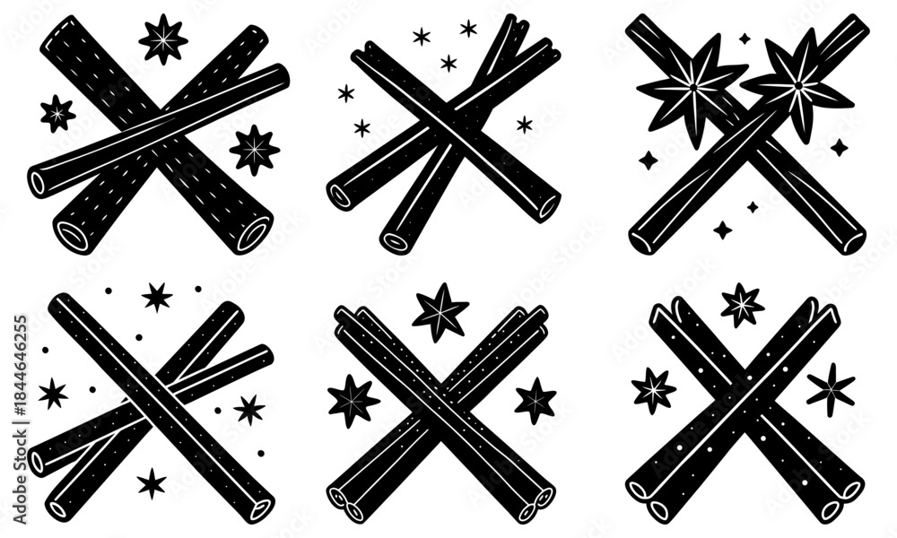 Obraz premium Six Black and White Fireworks Silhouettes with Stars on White Background sparkles