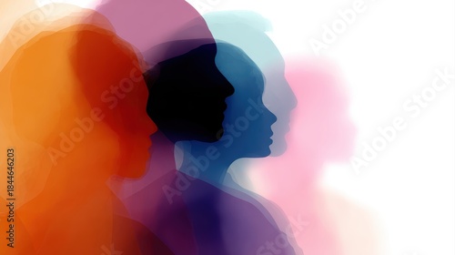 abstract colorful human silhouettes overlapping, diversity and inclusion theme