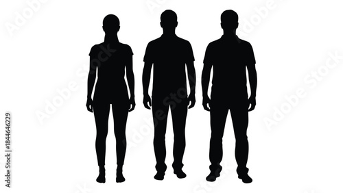 Three figures standing in a row showcasing a distinct and dramatic silhouette