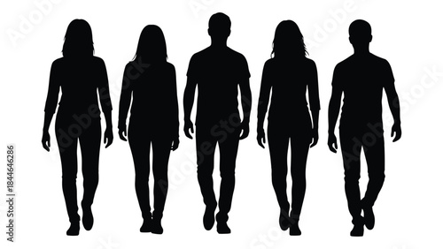A group of five people walking forward depicted as a striking black silhouette