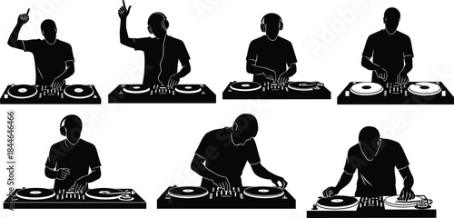 DJ performer silhouettes, turntable action, mixer control, headphone style, music energy, black figures, white background, expressive gesture, isolated, club vibe