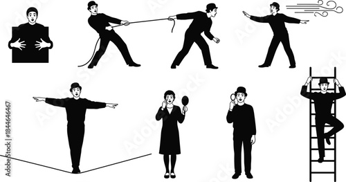 Mime character illustrations, expressive poses, silent performance art, black figures, white background, theatrical gesture, classic costume, storytelling action, isolated