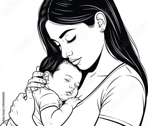 A black and white line art vector illustration depicting a mother tenderly holding her sleeping baby. The mother's eyes are closed, conveying a sense of peace and love as she cradles her child. 