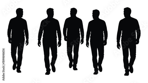 five men walking forward in a row black shapes against a white background silhouette