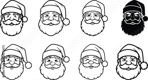 A collection of eight vector illustrations featuring the heads of Santa Claus. Each illustration depicts Santa with his signature hat, beard, and mustache, rendered in a black and white line art style
