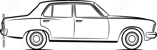 A black and white vector illustration of a classic four-door sedan. The drawing is a simple line art representation, focusing on the silhouette and key features of the vehicle, such as the wheels,