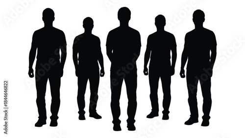 a row of five men standing side by side in a dark stark silhouette