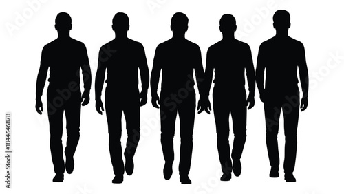 Five men walking in a row facing forward presented as a dark silhouette