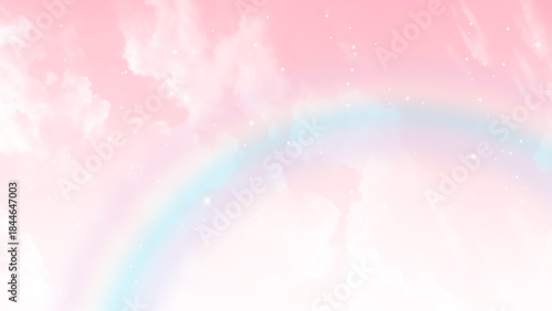 Clear pink sky background, clouds with rainbow effect.  