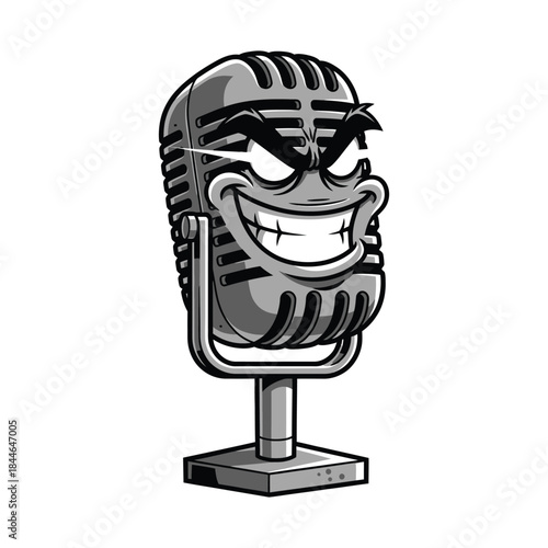 Vintage microphone cartoon illustration with mischievous face in bold grayscale graphic style on white background