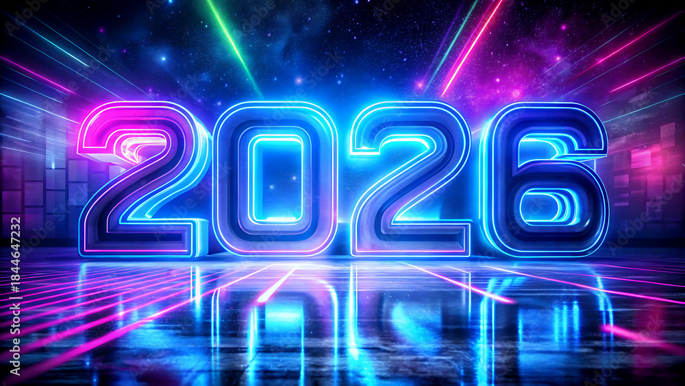 Obraz premium Futuristic neon sign displaying the year 2026 with vibrant light trails and reflective surface
