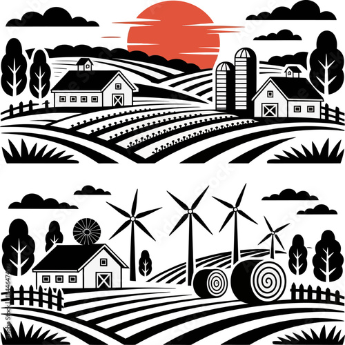 Stylized rural farmland illustration showing barns, silos, tractor, wind turbines, fields, and rising sun landscape.