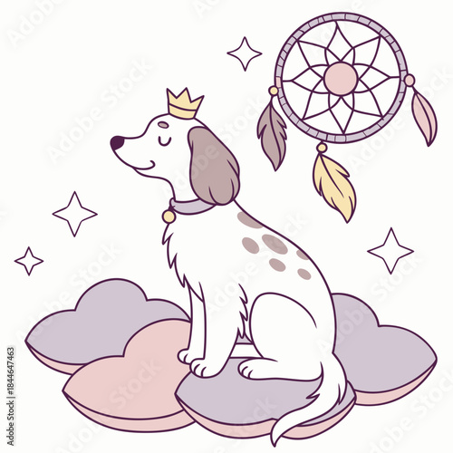 Gentle expression on a American Water Spaniel in a Fantasy dream theme, with with a tiny crown – Dreamland vector art