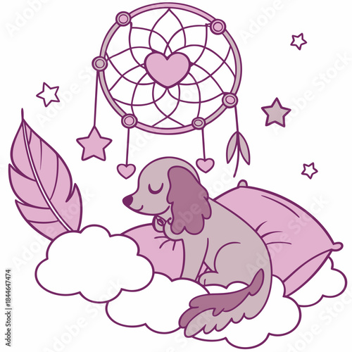 Delightful Sleepy American Water Spaniel in a Fantasy dream scene with holding a heart – Dreamland vector illustration