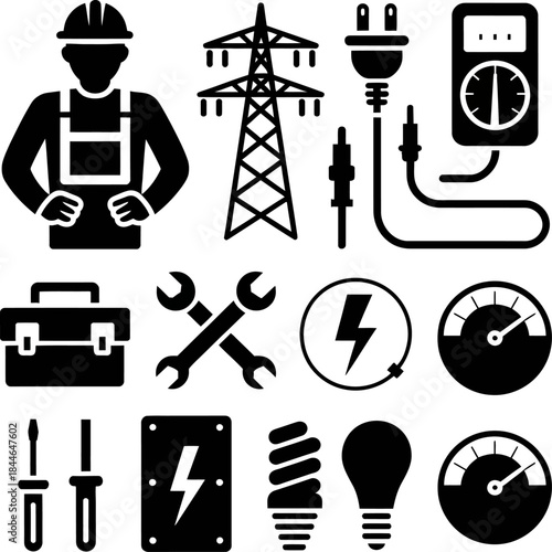 Black and white electrical service icons set showing electrician, tools, power equipment, wiring, meters, and energy symbols.
