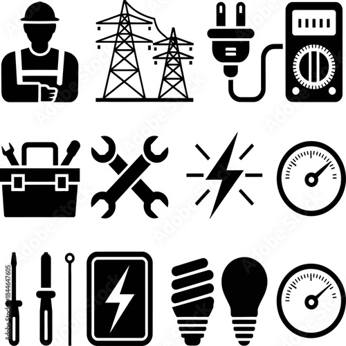 Black and white electrical service icons set showing electrician, tools, power equipment, wiring, meters, and energy symbols.