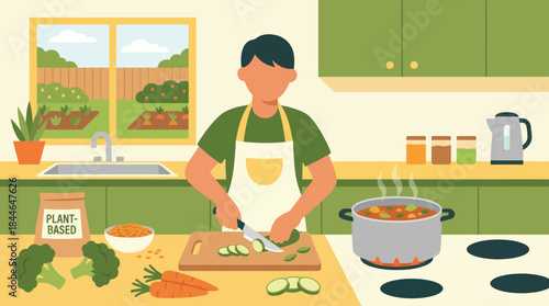 Person chopping vegetables in a kitchen with a plant-based meal cooking vector illustration