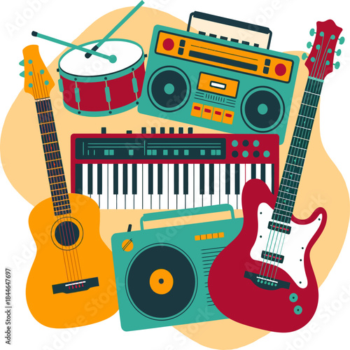 Colorful music illustration featuring microphone, electric guitar, accordion, keyboard, speakers, and floating notes representing live performance and creativity.
